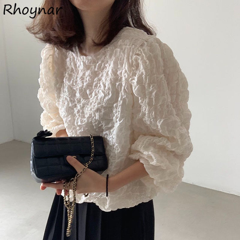 Blouses Women Design Folds Ulzzang Chic Autumn O-neck Puff Sleeve Loose Casual Retro Tender Clothing Girls Fashionable Street