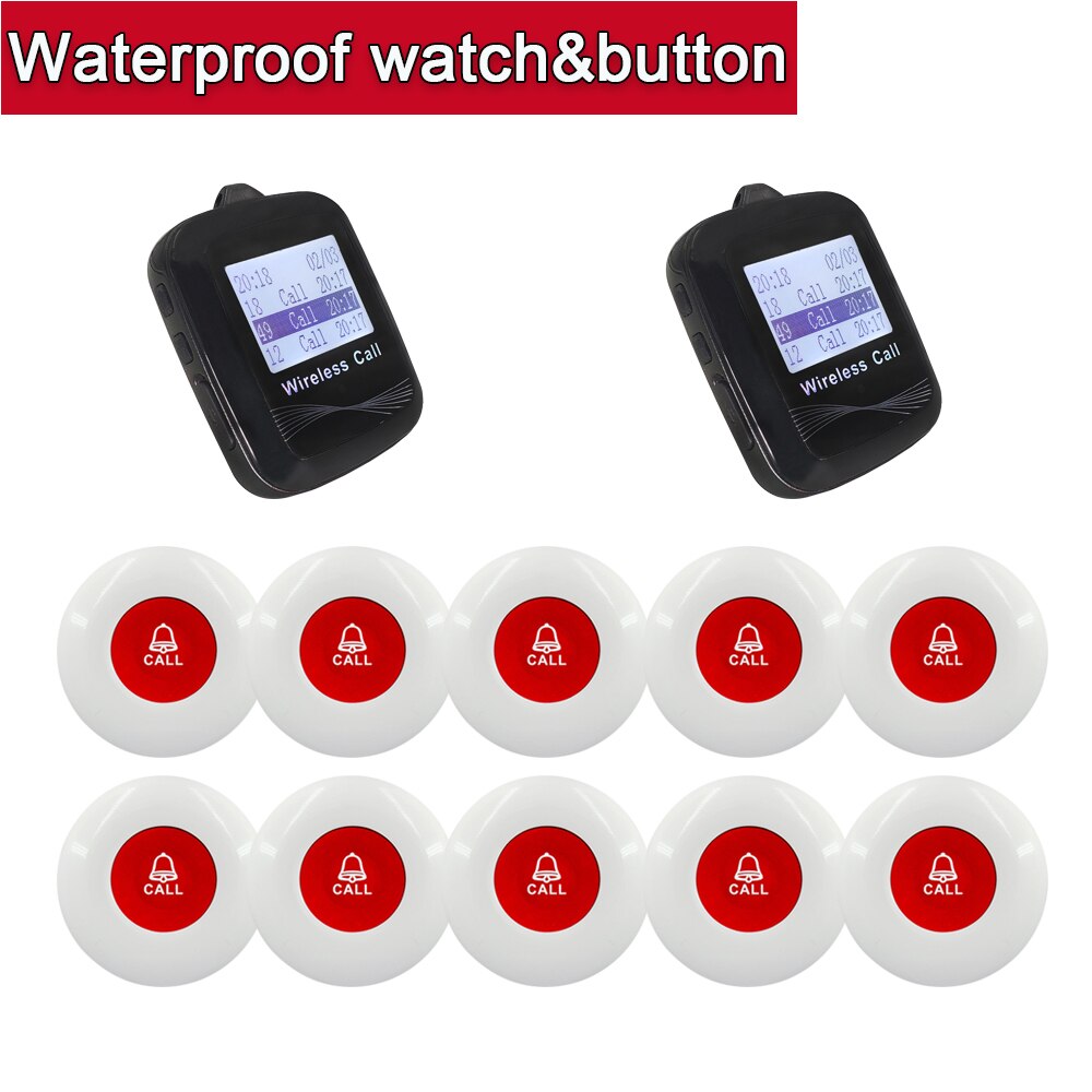 Guest Call System 10 Long Range Transmitter Pagers + 2 Waterproof VIBRAT Watch Receivers For Restaurant KITCHEN CLINIC Office