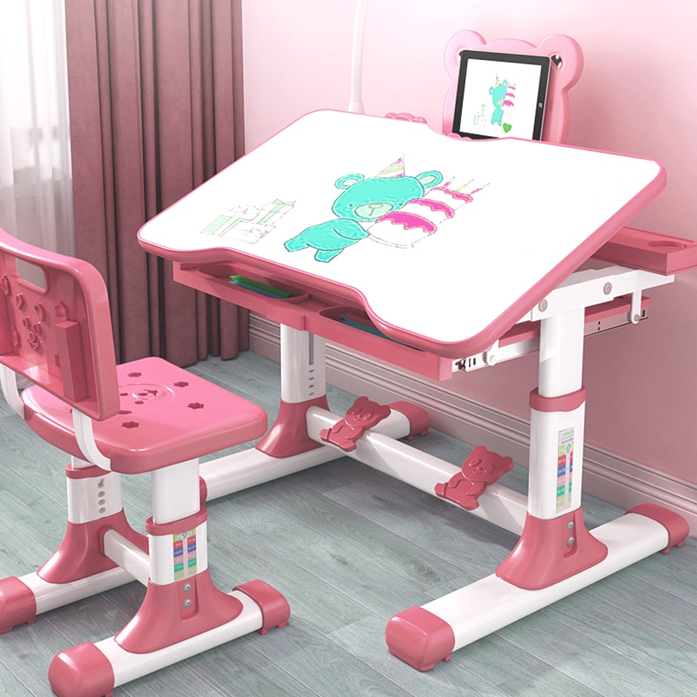 Pink Ergonomic Adjustable Children's Desk And Chair Set Reading Stand Children Desk Set With Table Top, Bookshelf, Metal Ho