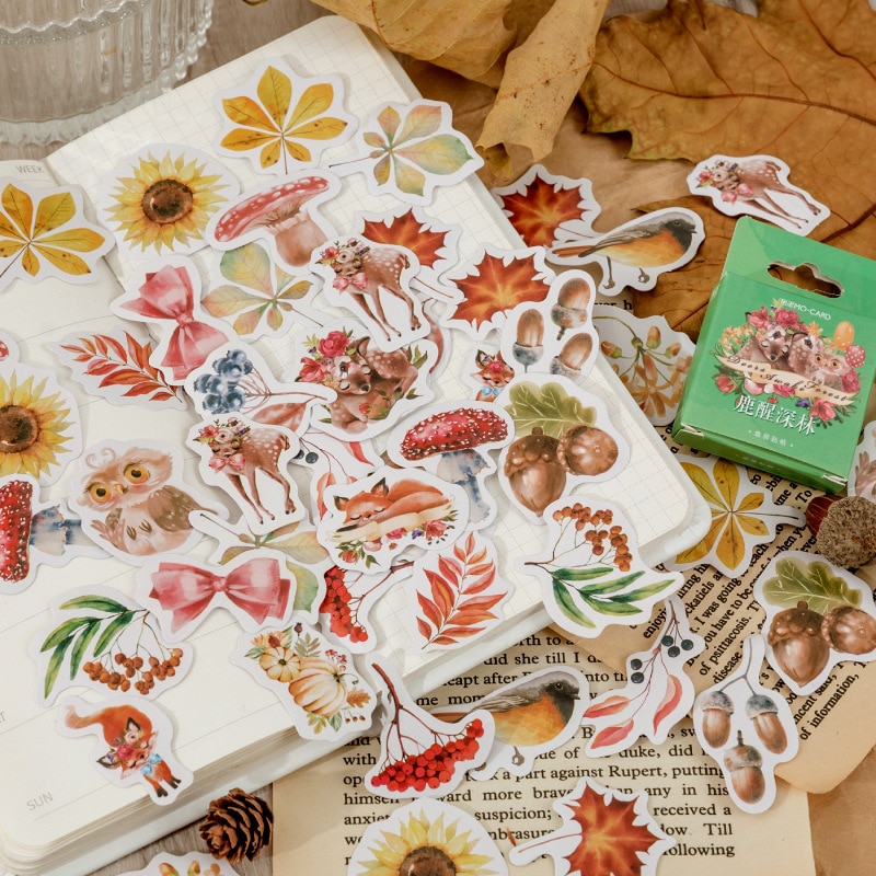 46 Pcs Autumn Paper Stickers Self Adhesive Craft Sticker Irregularly Shaped Animals Plants Envelope Bag Seal For Diary Planner