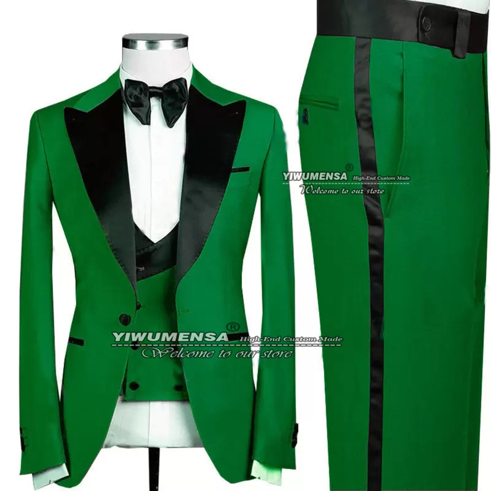 Spring/Autumn Green Men Suits Black Lapel Jacket+Vest+Pants Trajes De Hombre 3 Pieces England Style Wedding Tuxedo Custom Made