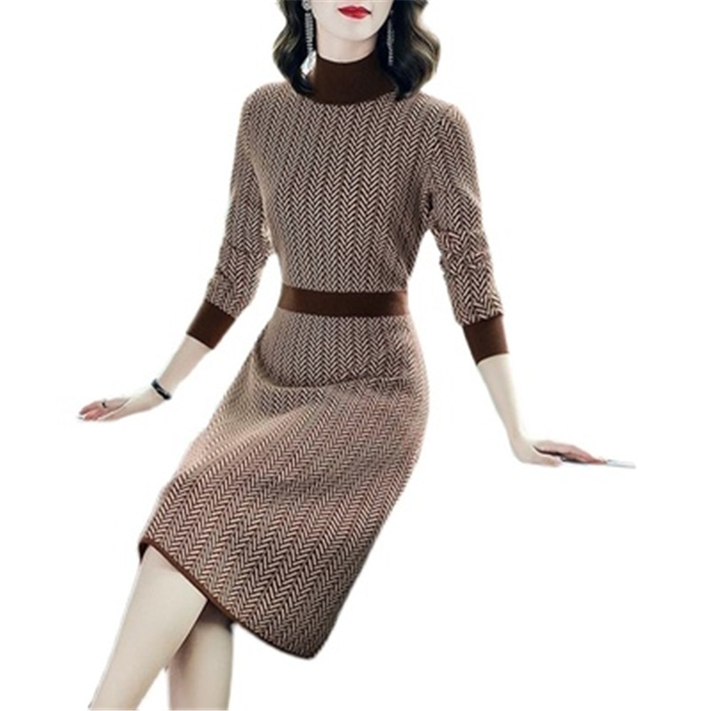 New Womens Knitted Dress 2022 Spring Autumn Female Sweaters Pullover Belt OL Trendy Vintage Ladies Bottoming Patchwork Woman