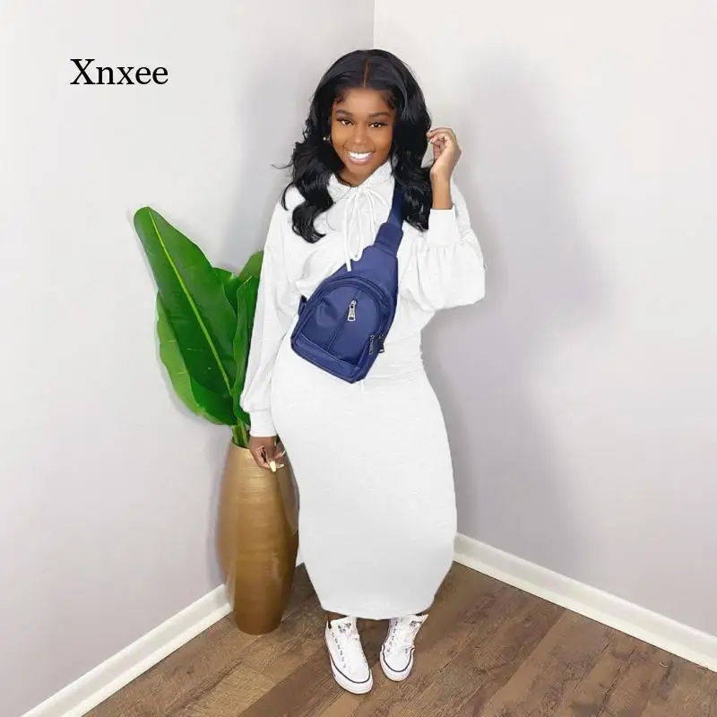 Ladies Casual Sweater Dress Set 2-Piece Fashion Street Hooded Top + Long Skirt Slim Two-Piece Suit Set