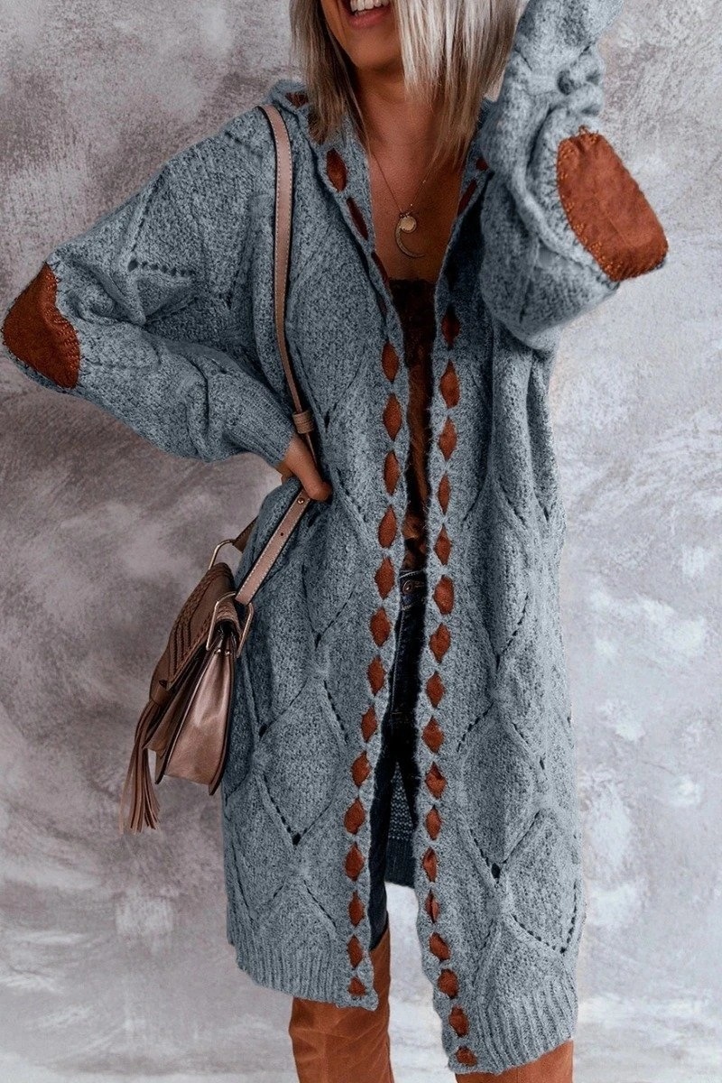 Women's Spring Stitching Hooded Patch Knit Sweater Long-sleeved Cardigan Long Sweater Coat Oversized Women Knitted Cardigan