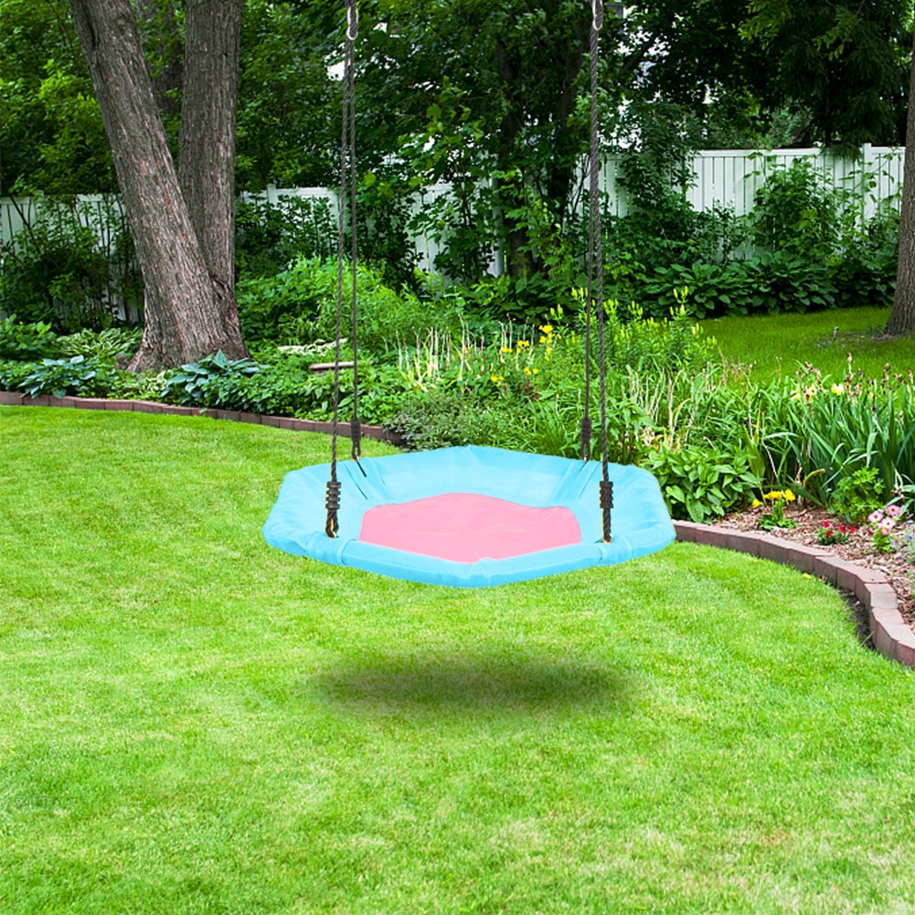 40 Inch Hexagon Swing Textilene 2 Carabiners Adjustable Rope Patio Swings Blue Yellow Outdoor Furniture Garden Seat Child Adult