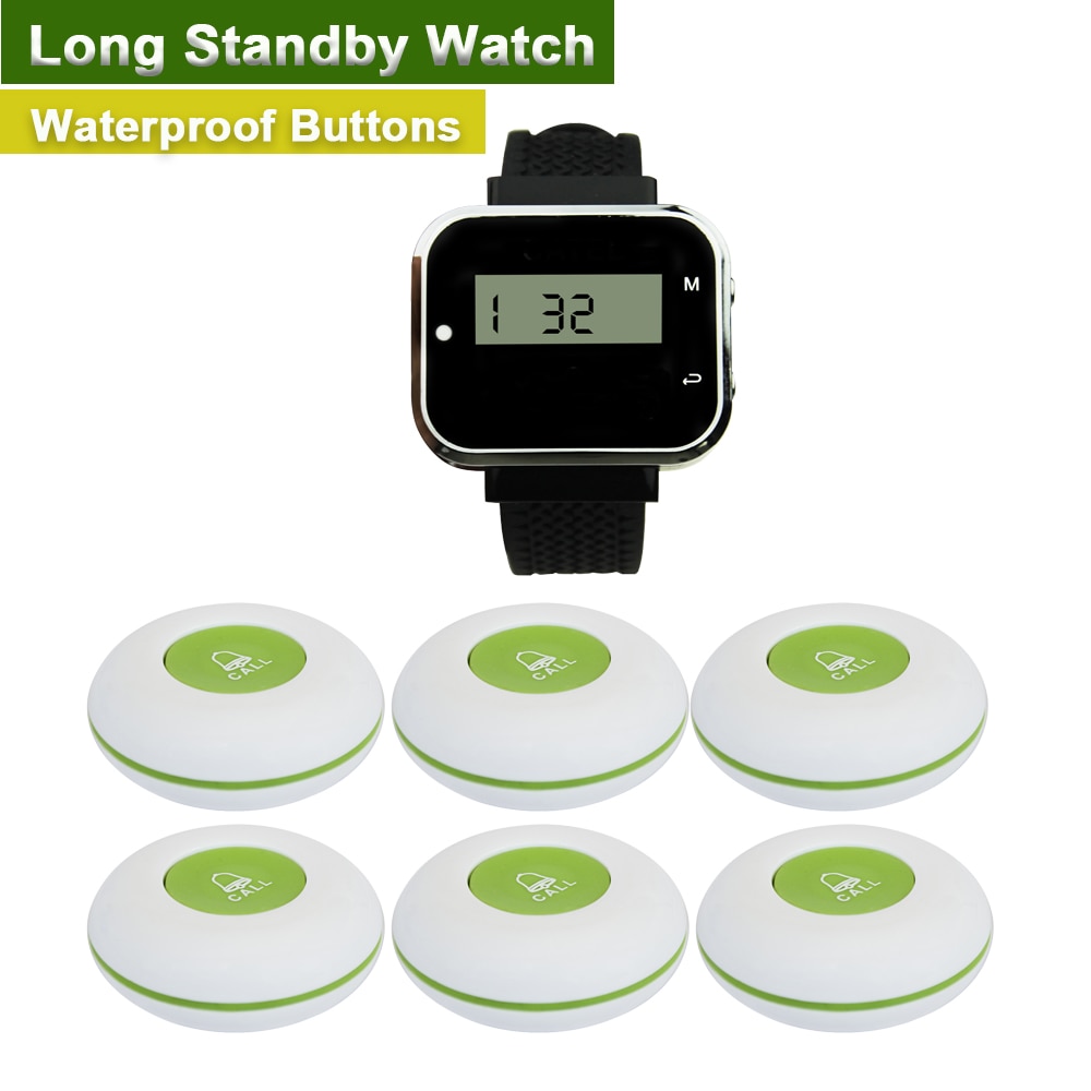 Wireless Paging System Wrist Watch Pagers Receiver and Waterproof Buttons White For Restaurant Waiter Call Office Cafe