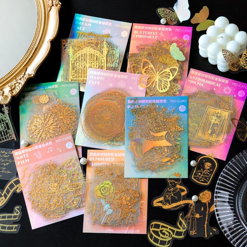 45Pcs Laser Color Gold Stationery Sticker Decoration Scrapbook Collage Diary Planner DIY Phone Laptop Labels Holographic Sticker