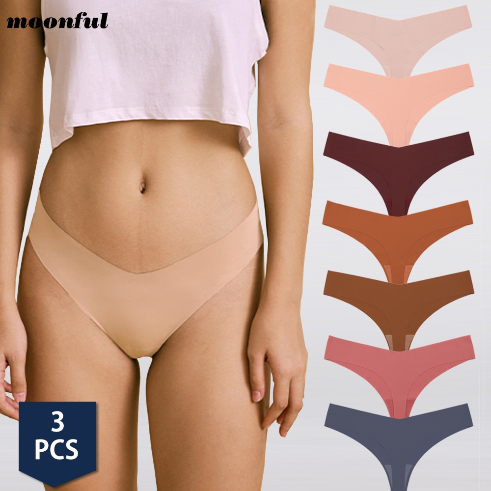 3pcs Women's Seamless Panties Sexy Thong Low Waist Underwear G-string Solid Silk Panties T-back Brief Breathable Lingerie F