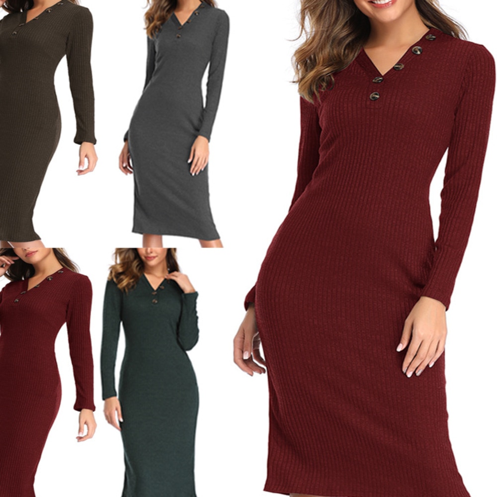 Autumn / Winter 2022 V-neck Button Knitted Dress Long Sleeve Slim Pocket Woolen Dress