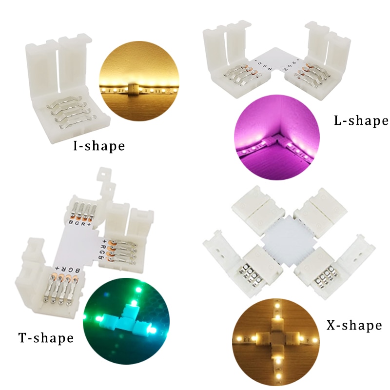 2Pcs T/L/X-Shaped 10mm 4Pin Solderless LED Strip Connector 4P PCB Corner Free Welding Clip-On 5050 RGB LED Lighting Part Coupler