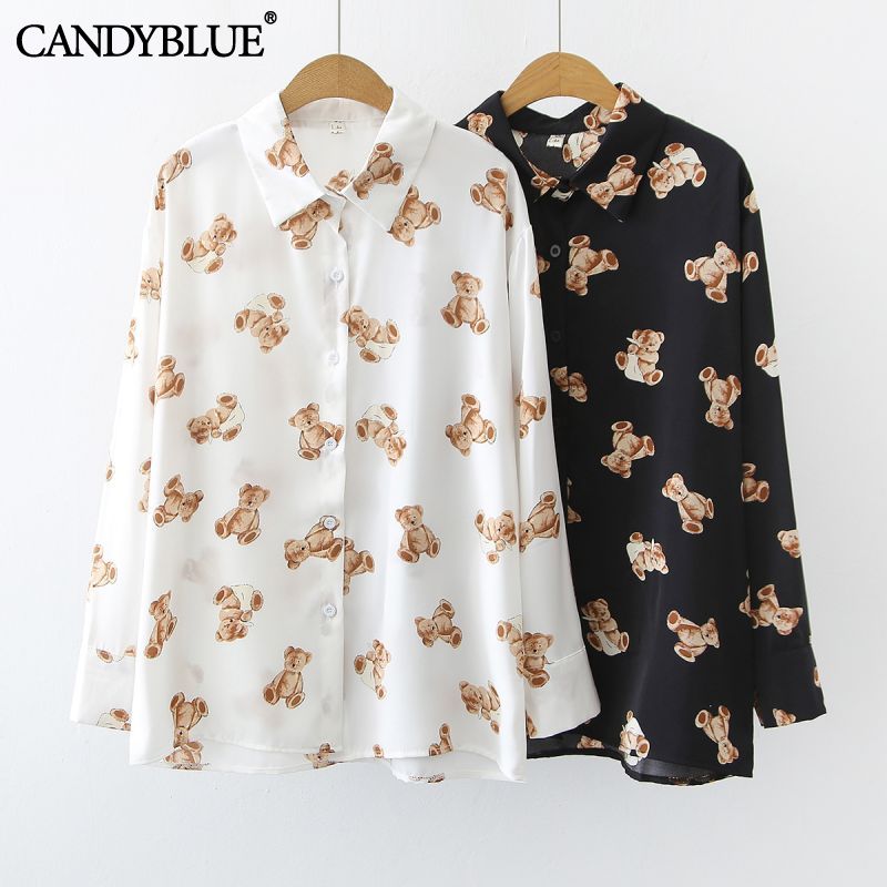 Cartoon bear print shirt female 2022 spring and summer new fashion design niche light and thin printed casual chiffon shirt
