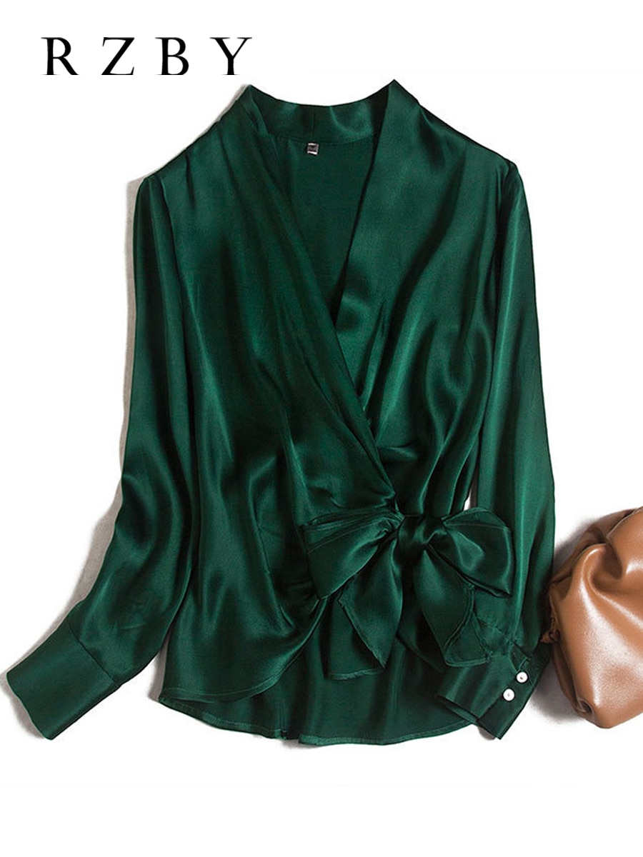 V Neck Blusas Mujer De Moda Green Kimono Vetement Femme Slik Stain Women Blouse Spring Belt Wrap Shirt топ женский RZBY853