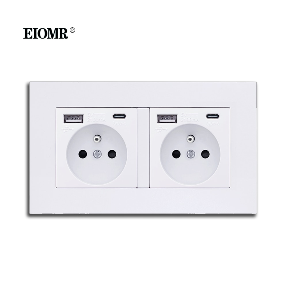 EIOMR EU France Standards Grounded Wall Power Socket 16A Quality Power Panel AC 110~250V 146mm*86mm French Plug with USB Socket