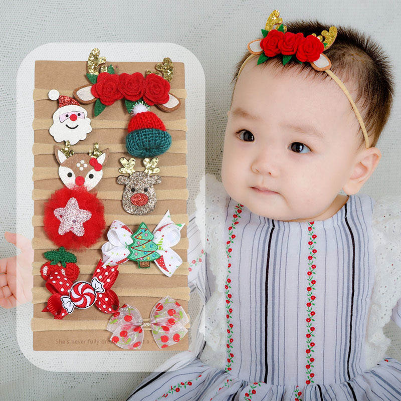 10PCS Baby Christmas Headband Sequins Bowknot Merry Elk Flowers Santa Claus Hairband Hair Hoop Girls Headband Baby Accessories