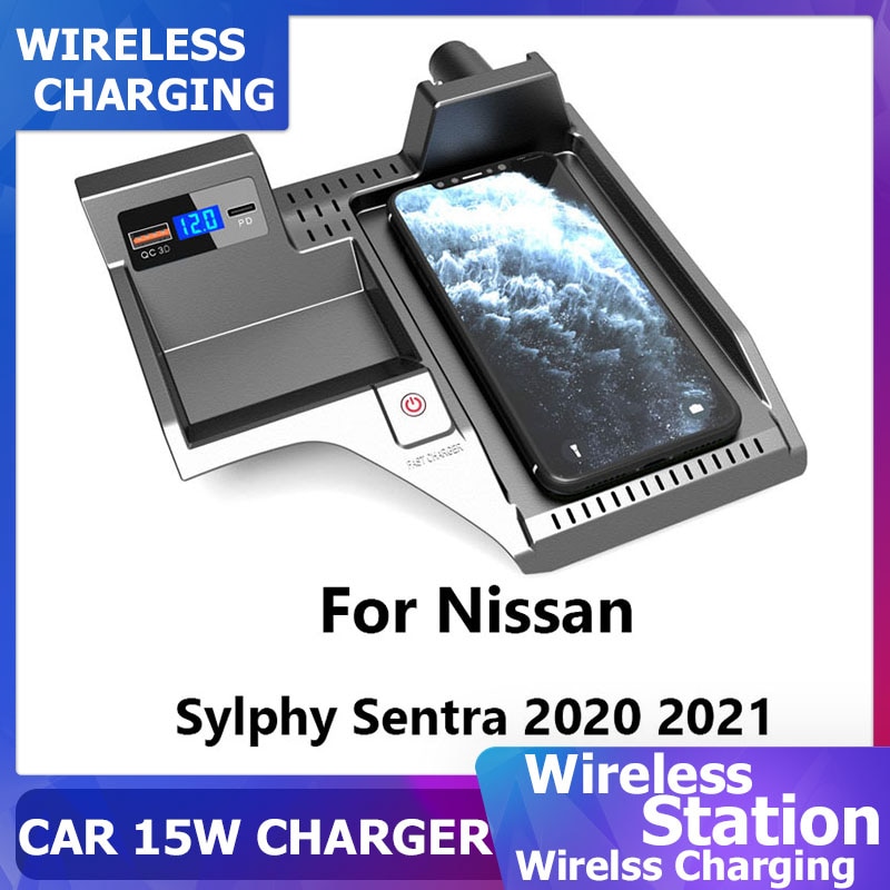 Car Wireless Charger 15W Qi For Nissan Sylphy Sentra 2020 2021 Fast Mobile Phone Charging Board Plate Accessories Car Charger