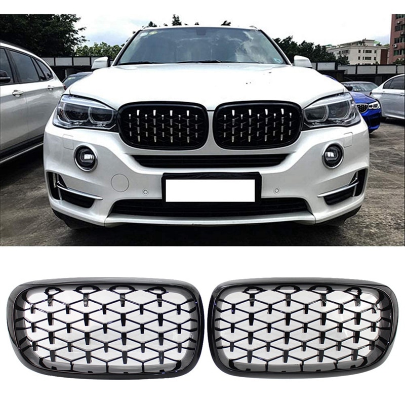 AL21 -Diamond Style ABS Front Racing Grille For-BMW X5 X6 F15 F16 F85 F86 Gloss Black
