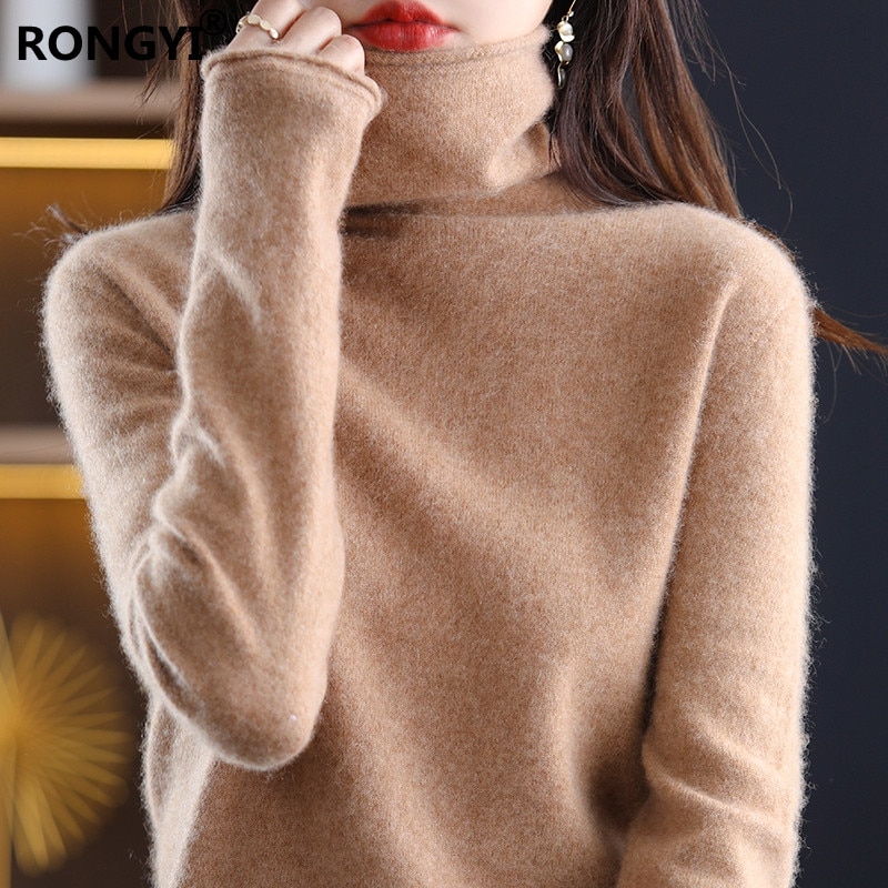 RONGYI SpringAutumn Women New 100%Wool Sweater High End First-line Ready-To-Wear Knit Pullover Loose Turtleneck Cashmere Sweater
