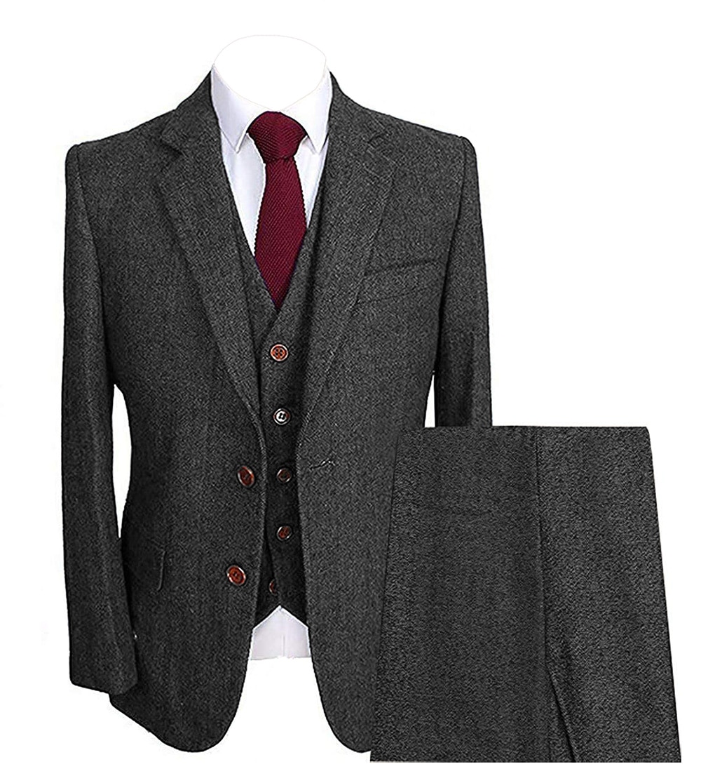 Mens Herringbone Suits 3 Piece Groom Wool Formal Work Business Tailormade Tuxedos Blazer & Pants & Vest For Wedding