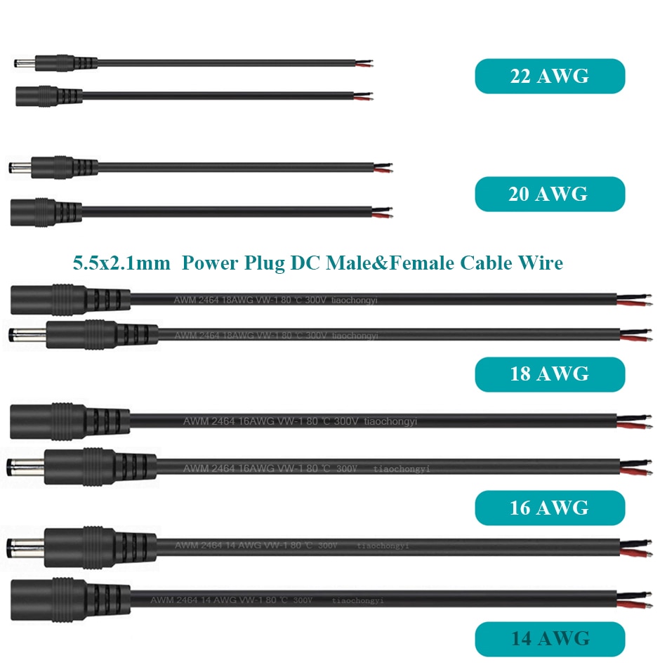 14AWG 16AWG 18AWG 22AWG 2PIN 5.5x2.1mm Power Plug DC Male Female Cable Wire Connector Adapter Socket Jack For LED Strip Light