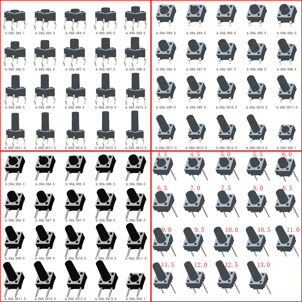 50pcs Tactile Switch 6x6mm H=4.1/4.3/5/5.5/6/7/8/9/~13mm Momentary Tact Button Mini Push Button 4Pin/2Pin DIP/SMT Widely Use