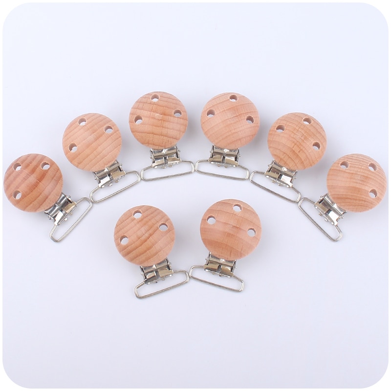 5pcs Beech Wood Round Natural Chain Dummy Nipple Holder Clip