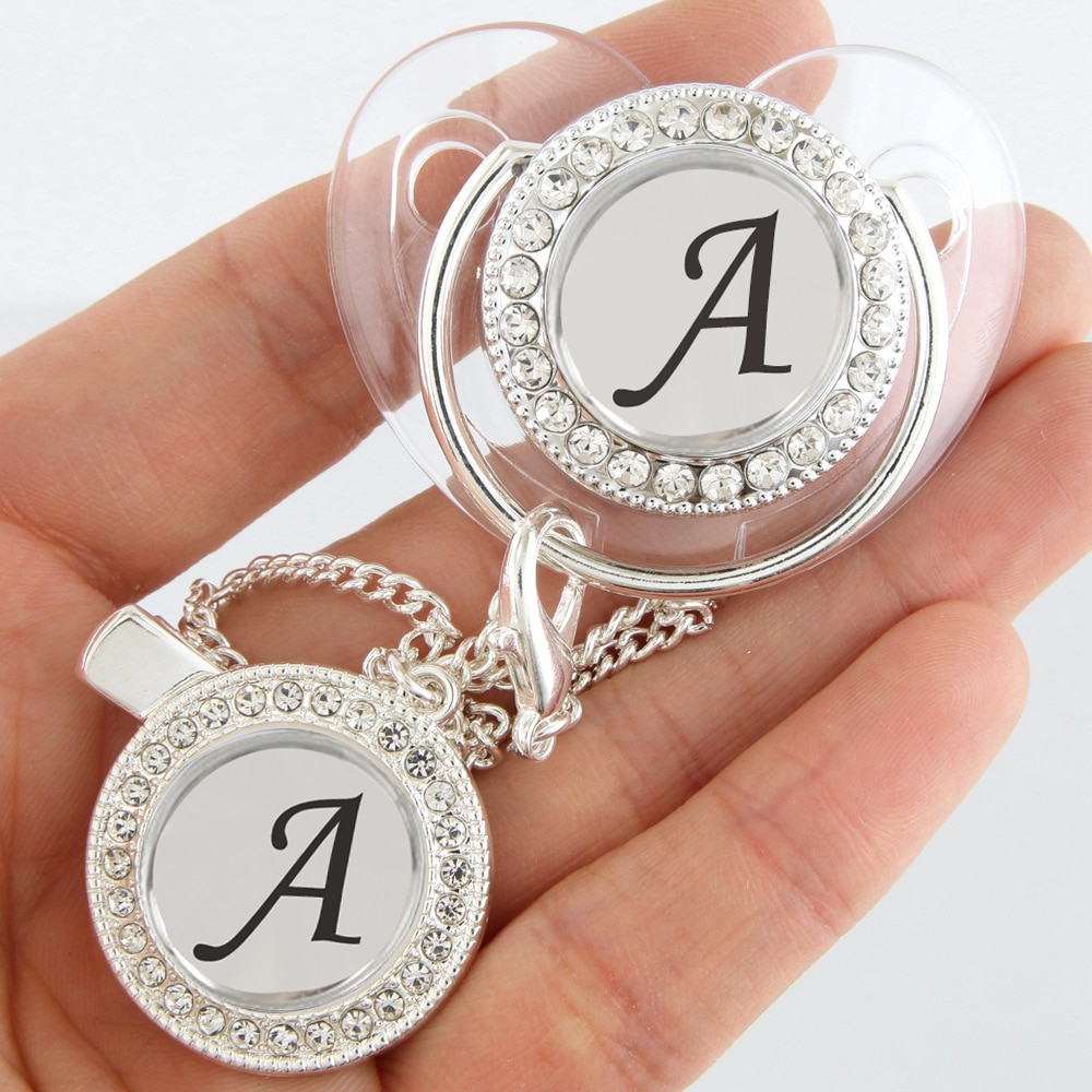 26 Name Initials Bling Rhinestone Baby Pacifier With Chain Clip BPA Free Silicone Orthodontic Nipple Unique Gift For Baby Shower