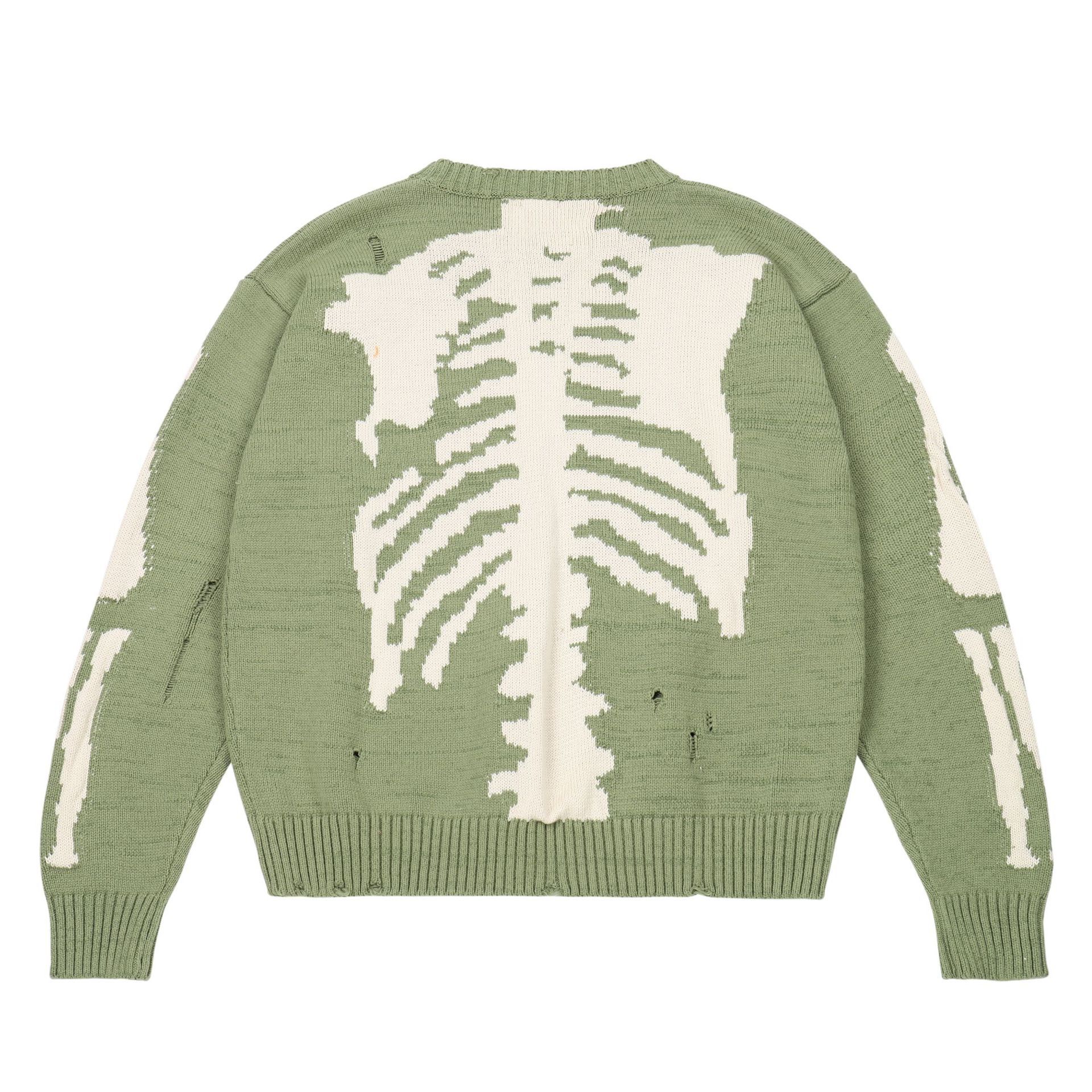 Men Oversized Sweater Green Loose Skeleton Bone Printing Woman High Quality High Street Damage Hole Vintage 2022 Knitted Sweater