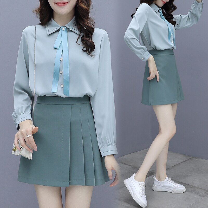Fashion 2 Pieces Set Women Spring 2022 Long Sleeve Shirts bowknot chiffon blouse High Waist Pencil Skirts Office Lady Skirt Suit