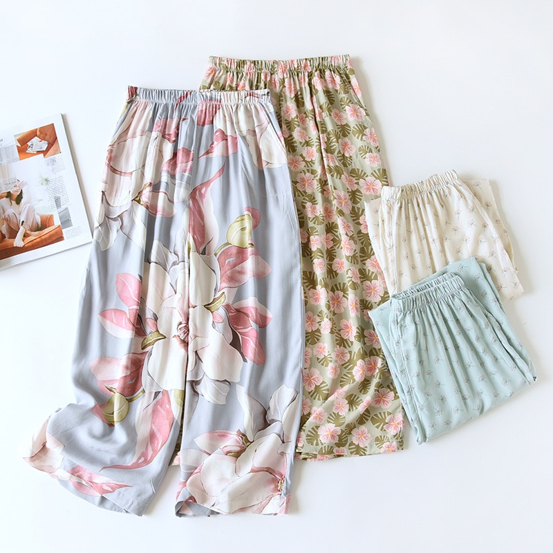 Ladies Summer Vicose Pajama Cropped Wide-leg Pants Home Cooling Trousers Beach Women Loose Bottoms Casual Soft Sleeping Clothes