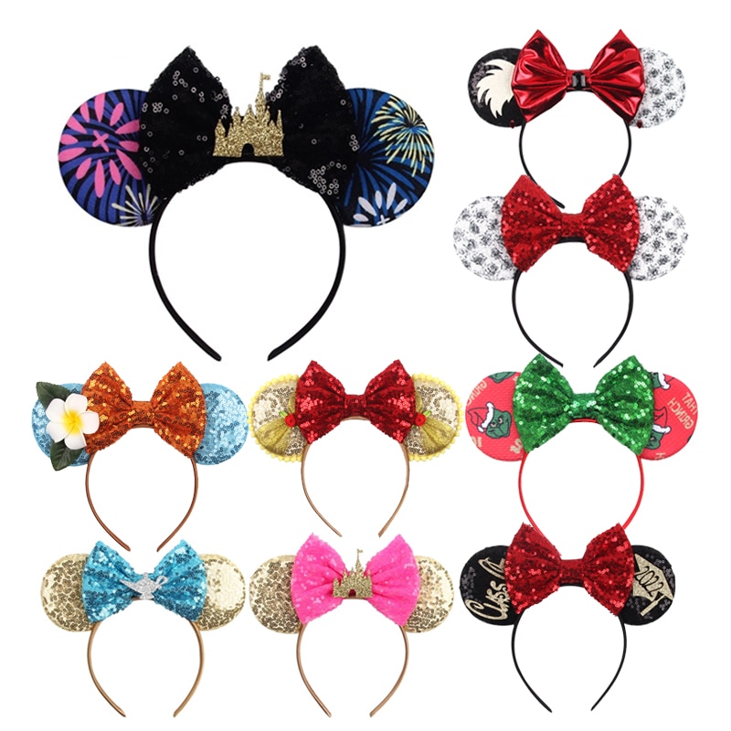 2023 Disney Castle Fireworks Mickey Ear Headband Sequins Bow Girl Cosplay Hairband Adult/Kid Party Gift Children Hair Accessorie