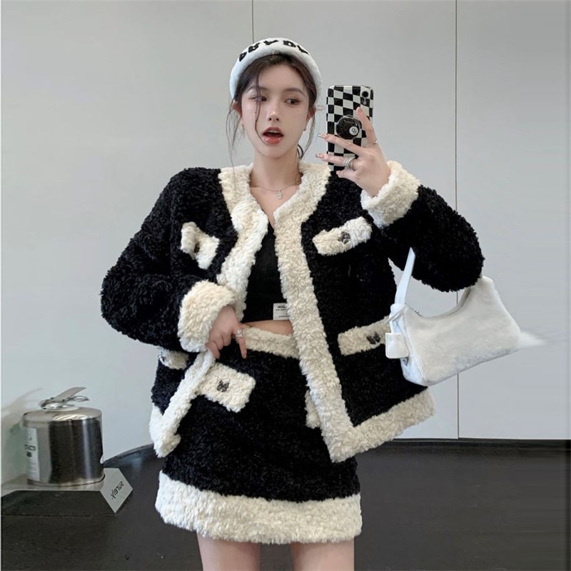 Fall Winter Thick 2 Piece Suits Elegant Faux Fur Woolen Jacket&High Waist A Line Mini Skirt Fashion Warm 2pc Dress Sets