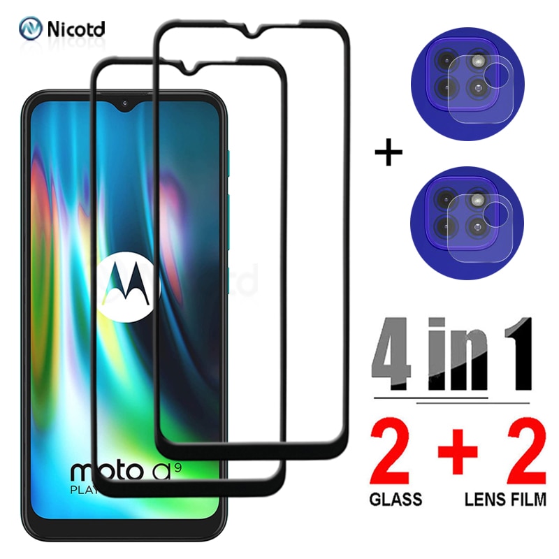 2PCS Protective Glass+2PCS Camera Lens Film For Motorola Moto G9 Play Full Cover Screen Protector On Moto G9 Plus Tempered Glass