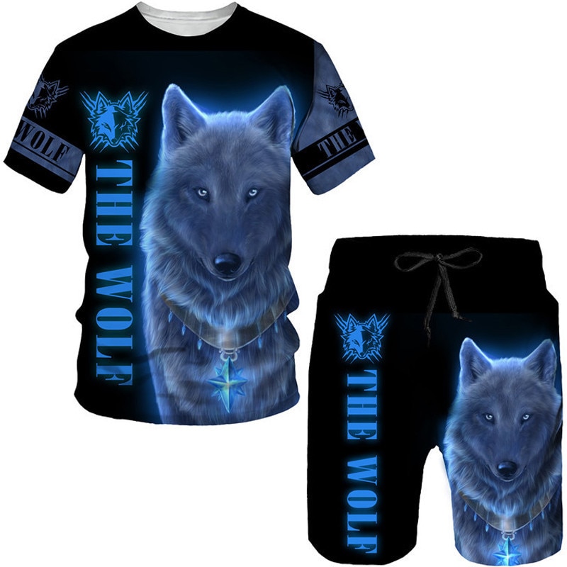 Cool The Wolf 3D Printed T-Shirt/Suit Summer Short Sleeved O-Neck Men's Tees&Shorts 2 Pcs Set Casual Couple Sportswear 