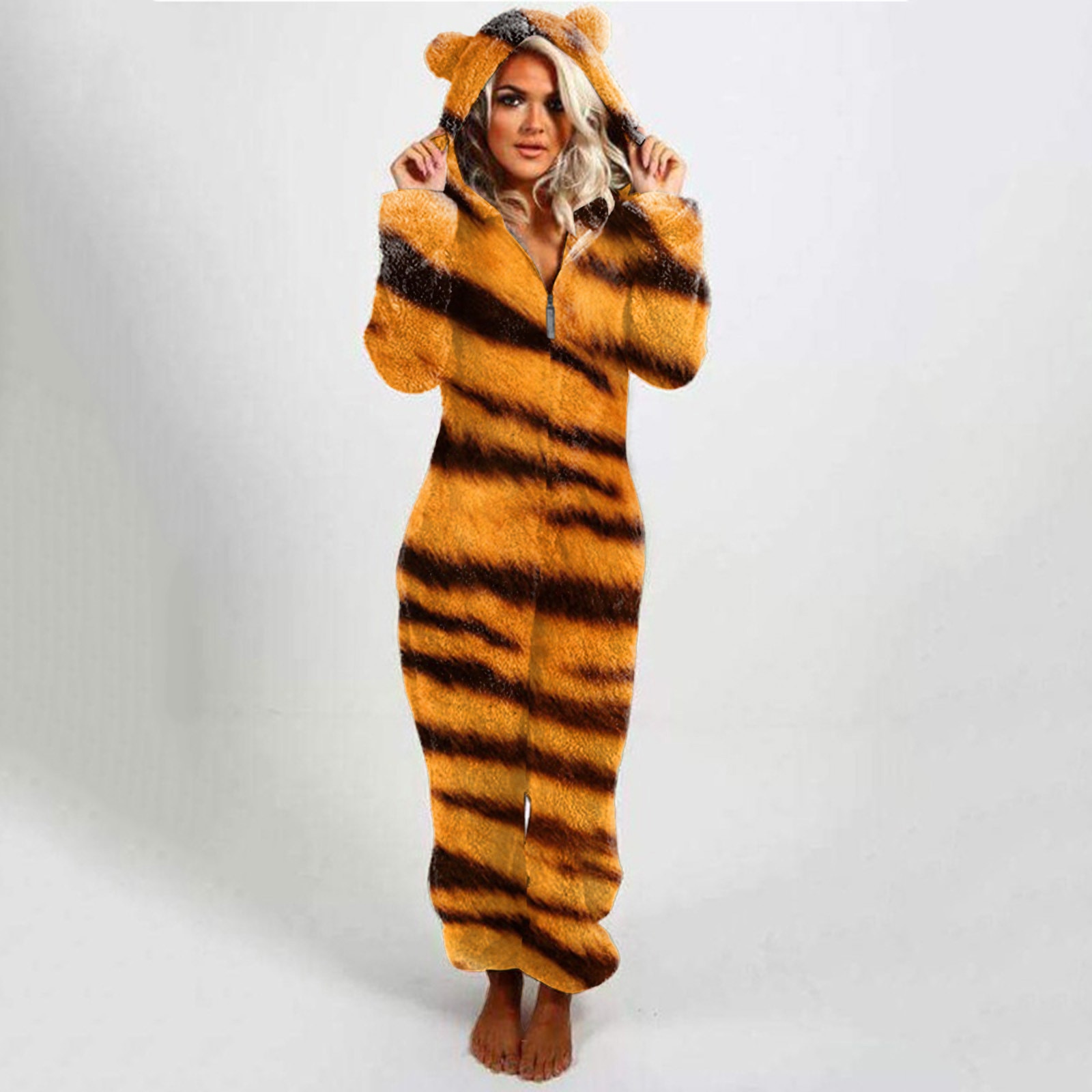Leopard Print Women Onesies Pajamas Winter Fleece Thermal Zipper Ear Hooded Jumpsuit Sleepwear Female Casual Lounge Pijama Z40