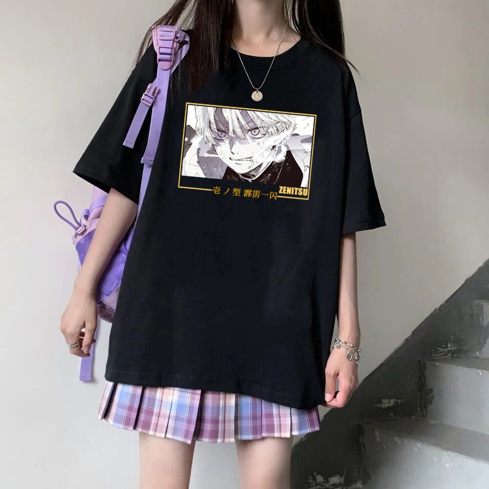 Anime Demon Slayer Tshirt Zenitsu Tshirt Loose Unisex Summer Short Sleeve Top