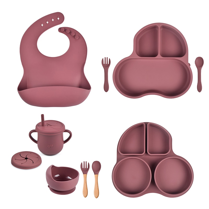 4/6/8 PCS Baby 2 in 1 Soft Silicone Dishes Car Shape Sucker Plate Bowl Cup Bibs Spoon Fork Set Kid's Non-slip Dishes BPA Fr