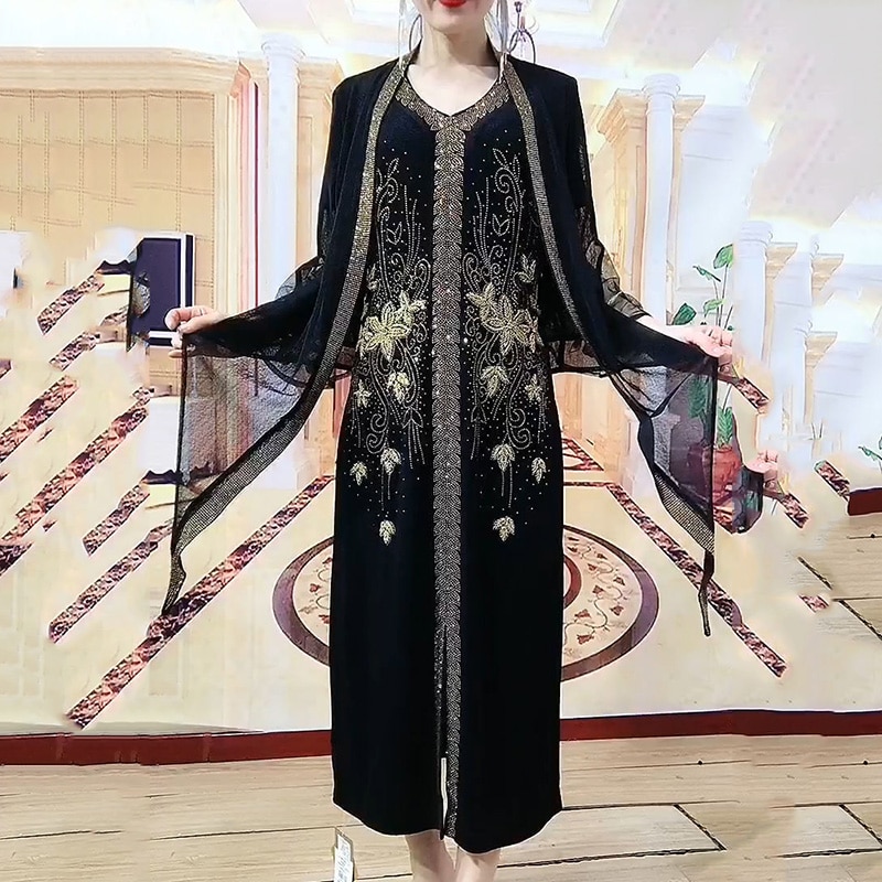 2023 High-End Heavy Industry Embroidery Hot Drilling Fashion Suit Dress Female 5XL Loose New Summer Two-Piece Dress Women