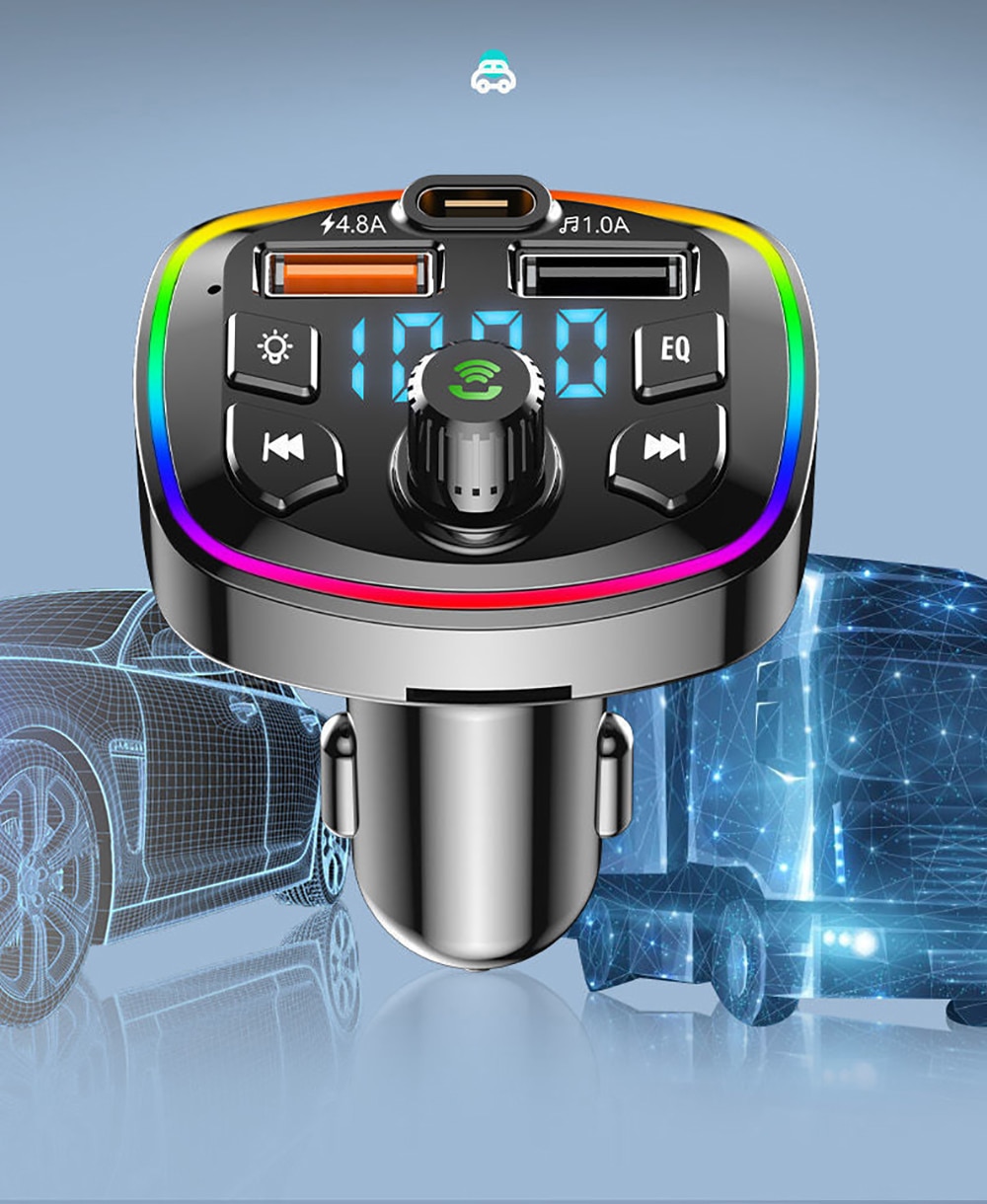 Car MP3 Music Player Bluetooth 5.0 Charger FM Transmitter PD 18W Type-C Dual USB 4.2A Colorful Ambient Light Cigarette Lighter