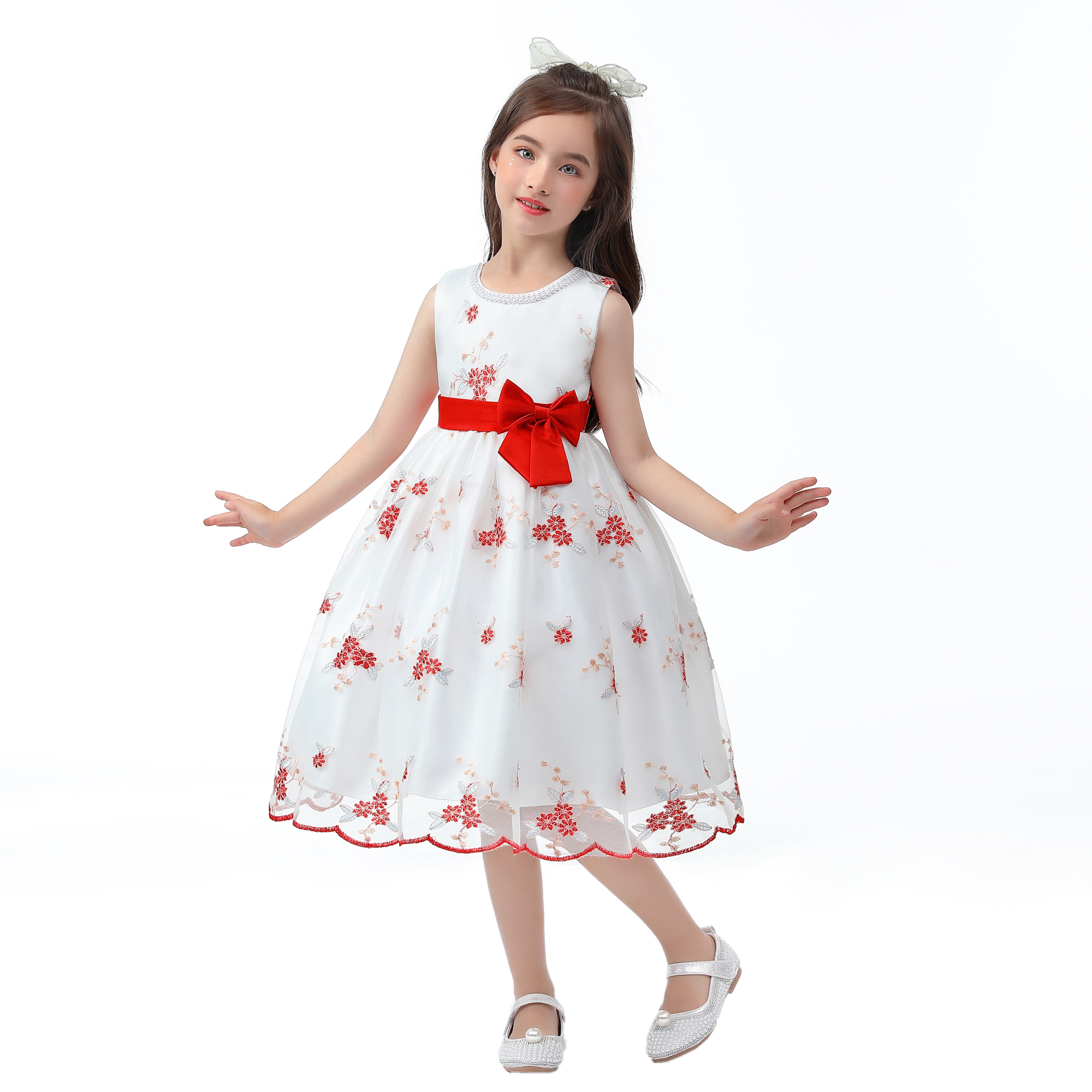 Kids Bow Embroidery Lace Dress Girls Prom Party Tutu Skirt Festival Performance Little Girl Piano Playing Princess Party Wedding