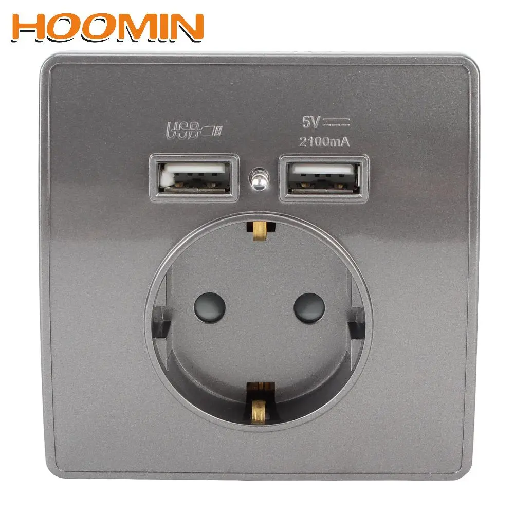 HOOMIN Power Outlets EU Standard 2 USB 5V 2.1A Germany Plug Socket Grounded Charging Electrical Wall Charger Adapter PC Panel