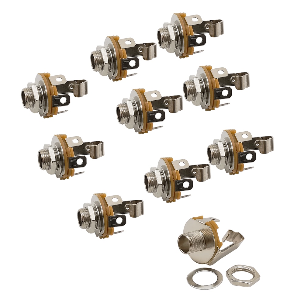 10Pcs 6.35mm 1/4'' 2 Pole Mono Jack Guitar Solder Connector Panel Chassis Mount Audio Female Socket with Switch