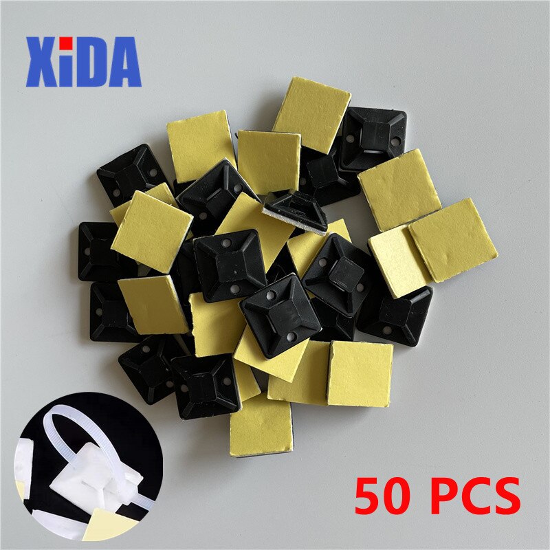50Pcs Black/White Cable Tie Mount Zip Tie Car Cable Wire Removable Wall Holder Mount Clip Glue Self Adhesive Cable Tie Base