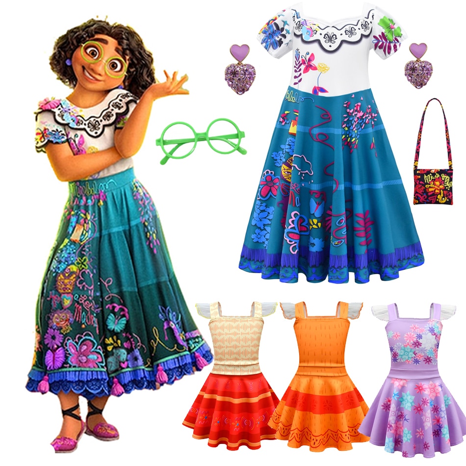 Disney Encanto Girl Dress Movie Mirabel Madrigal Short Sleeve Ruffle Dress for Carnival Princess Outfits Dolores Isabela Pepa