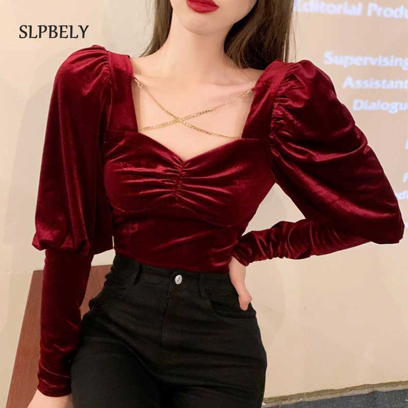 SLPBELY Retro Velvet Top Autumn Winter Chains Puff Long Sleeve Blouses Vintage Korean Fashion Square Neck Women Tops Sexy Blusa