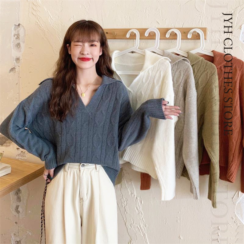 Retro Women Sweater Pullovers Knitted Casual Solid Autumn Turn-down Collar Feminine Loose All Match Soft Sweet Top Loose Sweater