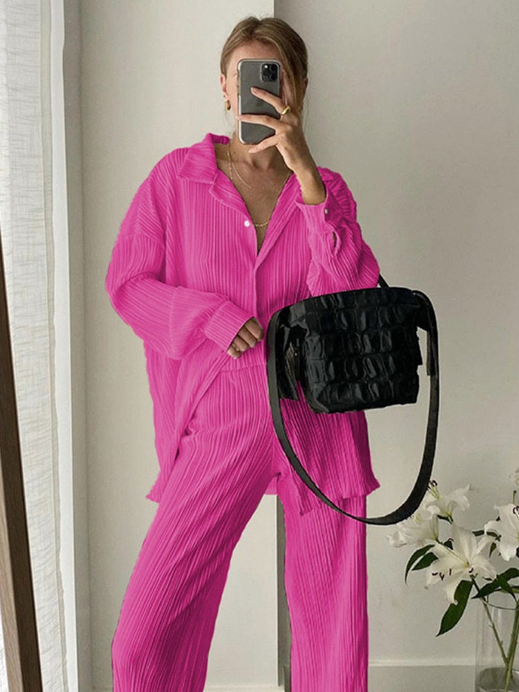 Pink Pleated Wide Leg Pants Sets Women Elegant Long Palazzo Pants Spring Casual Blouse Shirt Oversized Pants Sets