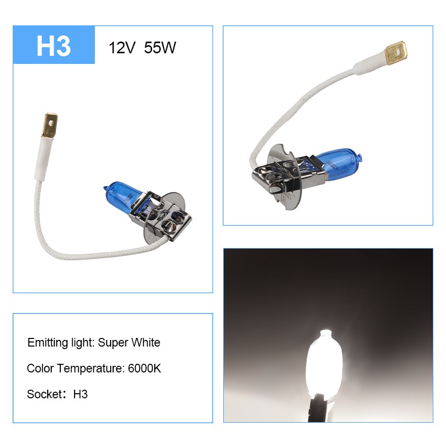 1pcs H3 Super White 6000K Fog Halogen Bulb 55W Car Head Lamp Light 4300K Car Styling Light Source Parking Gold Yellow 3000K