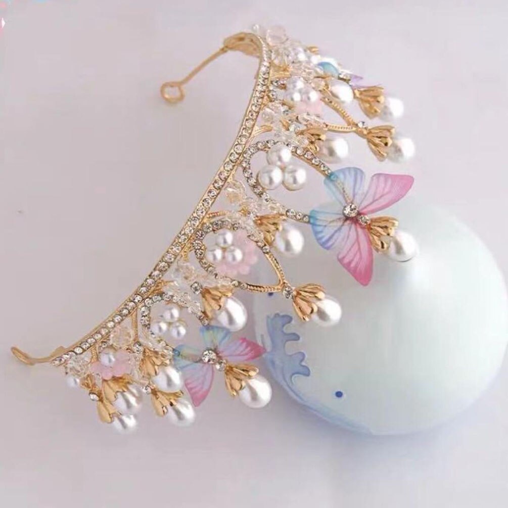 1 PC High Quality Model Catwalk Birthday Handmade Rhinestone Tiara Princess Crown Butterfly Tiaras for Girls Pearl Headband