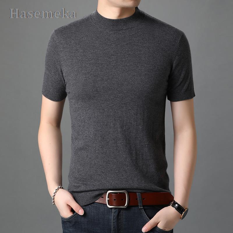 Man Pure Wool Sweater Short Sleeve Cashmere Jumper Male 100% Sheep Wool T Shirts Solid Color Knit Tops Pullovers