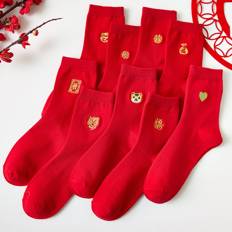 Autumn Winter New Embroidery Socks Men Women New Year Chinese Character Tiger Year Big Red Mid Tube Happy Socks Couple Lucky Sox